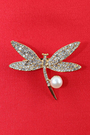 Gold renkli incili yusufçuk broş. Taşlı tasarım broş. Yaka iğnesi yusufçuk broş. Yusufçuk broş.