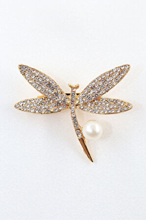 Gold renkli incili yusufçuk broş. Taşlı tasarım broş. Yaka iğnesi yusufçuk broş. Yusufçuk broş.