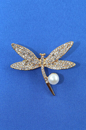 Gold renkli incili yusufçuk broş. Taşlı tasarım broş. Yaka iğnesi yusufçuk broş. Yusufçuk broş.