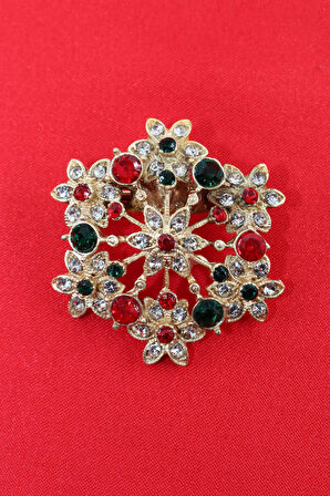 Gold renk pırlantalı çiçek broş. Taşlı tasarım çiçek broş. Yaka iğnesi çiçek broş. Çiçek broş.