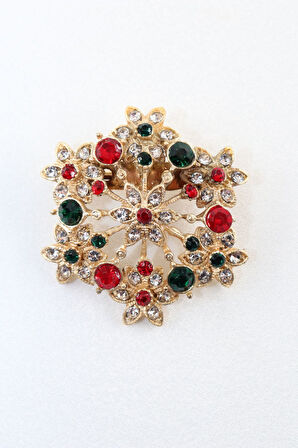 Gold renk pırlantalı çiçek broş. Taşlı tasarım çiçek broş. Yaka iğnesi çiçek broş. Çiçek broş.