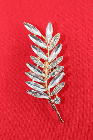 Gold renk pırlantalı buğday başağı broş. Taşlı tasarım broş. Yaka iğnesi broş. Buğday başağı broş.