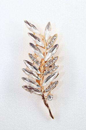 Gold renk pırlantalı buğday başağı broş. Taşlı tasarım broş. Yaka iğnesi broş. Buğday başağı broş.