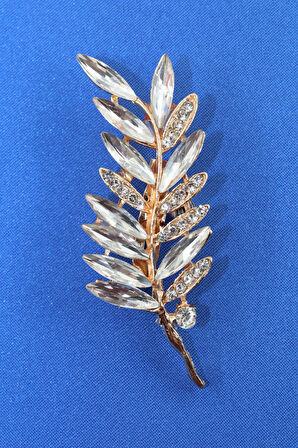 Gold renk pırlantalı buğday başağı broş. Taşlı tasarım broş. Yaka iğnesi broş. Buğday başağı broş.