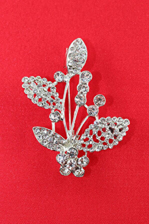 Gümüş renk kristal taşlı defne yaprağı broş. Tasarım broş. Kadın broş. Broş. Defne yaprağı broş.