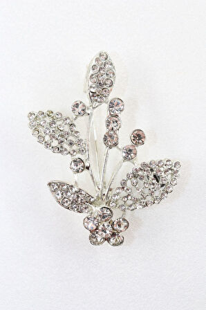 Gümüş renk kristal taşlı defne yaprağı broş. Tasarım broş. Kadın broş. Broş. Defne yaprağı broş.