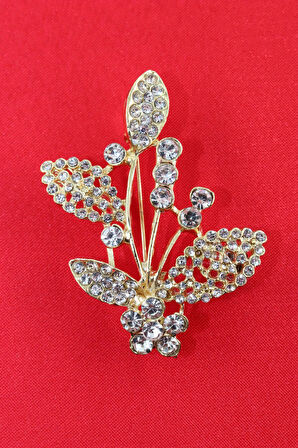 Gold renk kristal taşlı defne yaprağı broş. Tasarım broş. Kadın broş. Broş. Defne yaprağı broş.