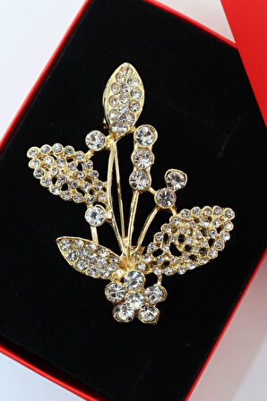 Gold renk kristal taşlı defne yaprağı broş. Tasarım broş. Kadın broş. Broş. Defne yaprağı broş.