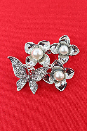 Kelebekli incili çiçek broş. Tasarım broş. Kadın broş. Broş. Kelebek broş, incili broş. Çiçek broş