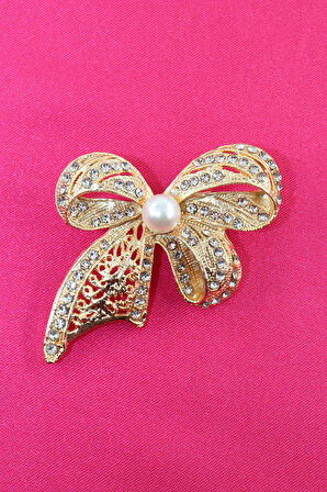 Gold renk incili fiyonk broş. Taşlı tasarım fiyonk broş. Yaka iğnesi fiyonk broş. Fiyonk broş.