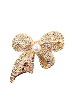 Gold renk incili fiyonk broş. Taşlı tasarım fiyonk broş. Yaka iğnesi fiyonk broş. Fiyonk broş.