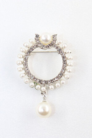 Gümüş renk sallantılı inci broş. Taşlı tasarım inci broş. Yaka iğnesi broş. İnci broş, incili broş