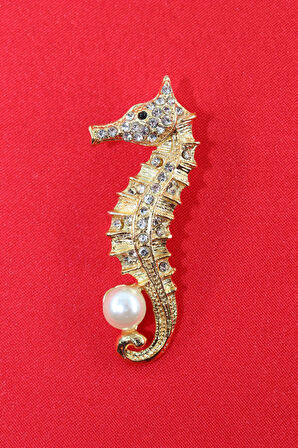 Gold renk incili denizatı broş. Taşlı tasarım denizatı broş. Yaka iğnesi broş. Denizatı broş.