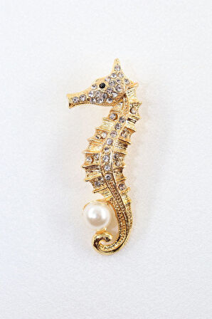 Gold renk incili denizatı broş. Taşlı tasarım denizatı broş. Yaka iğnesi broş. Denizatı broş.