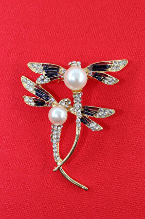 Gold renk incili yusufçuk broş. Taşlı broş. Yaka iğnesi broş. Kadın broş. Broş. Yusufçuk broş