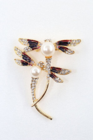 Gold renk incili yusufçuk broş. Taşlı broş. Yaka iğnesi broş. Kadın broş. Broş. Yusufçuk broş