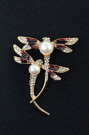 Gold renk incili yusufçuk broş. Taşlı broş. Yaka iğnesi broş. Kadın broş. Broş. Yusufçuk broş