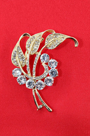 Gold renk taşlı lale yaprağı broş. Yaka iğnesi broş. Taşlı broş. Kadın broş. Broş. Yaprak broş.