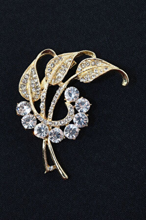 Gold renk taşlı lale yaprağı broş. Yaka iğnesi broş. Taşlı broş. Kadın broş. Broş. Yaprak broş.