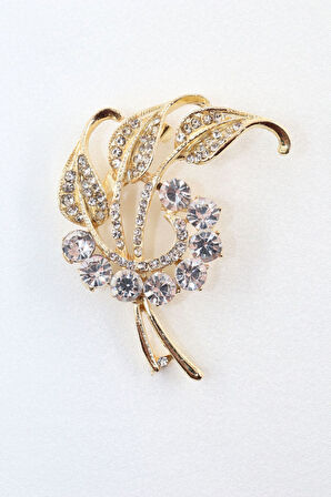 Gold renk taşlı lale yaprağı broş. Yaka iğnesi broş. Taşlı broş. Kadın broş. Broş. Yaprak broş.