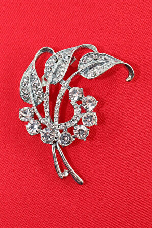 Gümüş renk taşlı lale yaprağı broş. Yaka iğnesi broş. Taşlı broş. Kadın broş. Broş. Yaprak broş.