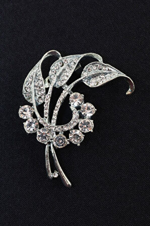 Gümüş renk taşlı lale yaprağı broş. Yaka iğnesi broş. Taşlı broş. Kadın broş. Broş. Yaprak broş.