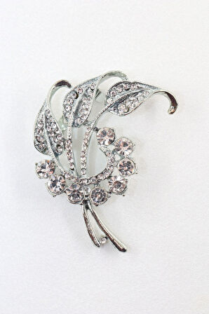 Gümüş renk taşlı lale yaprağı broş. Yaka iğnesi broş. Taşlı broş. Kadın broş. Broş. Yaprak broş.