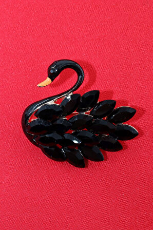 Siyah kuğu broş. Yaka iğnesi broş. Pırlanta taşlı tasarım kuğu broş. Kadın broş. Broş. Kuğu broş.