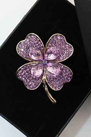 Kristal taşlı yonca broş. Yaka iğnesi yonca broş. Taşlı tasarım broş. Kadın broş. Broş. Yonca broş.