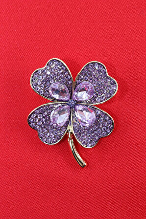 Kristal taşlı yonca broş. Yaka iğnesi yonca broş. Taşlı tasarım broş. Kadın broş. Broş. Yonca broş.