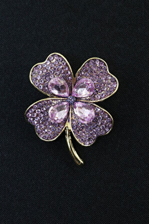 Kristal taşlı yonca broş. Yaka iğnesi yonca broş. Taşlı tasarım broş. Kadın broş. Broş. Yonca broş.