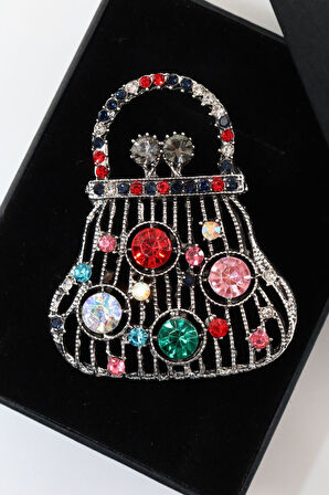 Pırlanta taşlı para çantası broş. Yaka iğnesi broş. Taşlı tasarım broş. Kadın broş. Broş. Çanta broş