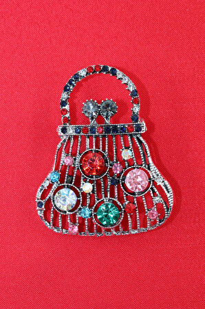 Pırlanta taşlı para çantası broş. Yaka iğnesi broş. Taşlı tasarım broş. Kadın broş. Broş. Çanta broş