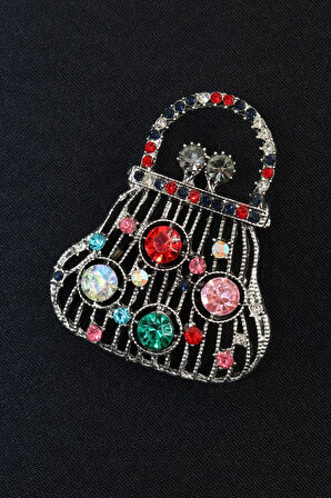 Pırlanta taşlı para çantası broş. Yaka iğnesi broş. Taşlı tasarım broş. Kadın broş. Broş. Çanta broş