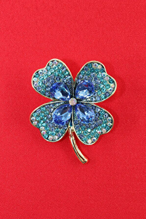 Kristal taşlı yonca broş. Yaka iğnesi yonca broş. Taşlı tasarım broş. Kadın broş. Broş. Yonca broş.