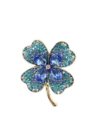 Kristal taşlı yonca broş. Yaka iğnesi yonca broş. Taşlı tasarım broş. Kadın broş. Broş. Yonca broş.