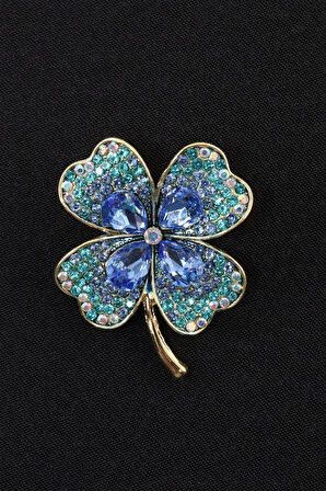 Kristal taşlı yonca broş. Yaka iğnesi yonca broş. Taşlı tasarım broş. Kadın broş. Broş. Yonca broş.