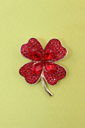 Dört yapraklı yonca broş. Yaka iğnesi yonca broş. Taşlı tasarım yonca broş. Kadın broş. Yonca broş