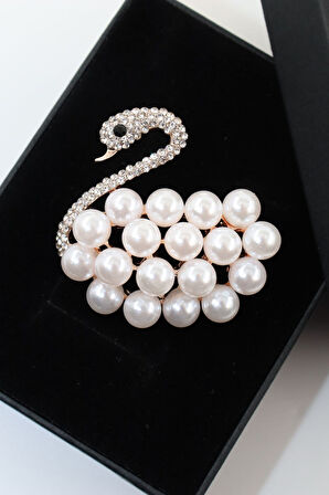 İncili zirkon taşlı Kuğu broş. Yaka iğnesi göz broş. Taşlı tasarım kuğu broş. Kadın broş. Kuğu broş.