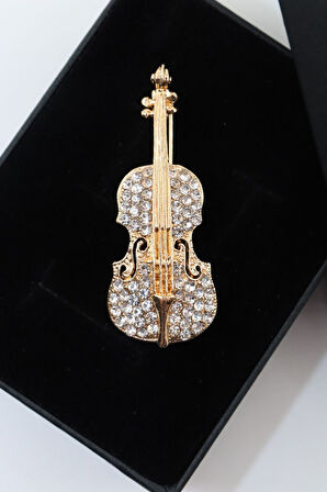 Gold zirkon taşlı keman broş. Yaka iğnesi keman broş. Kadın broş, erkek broş. Keman broş.