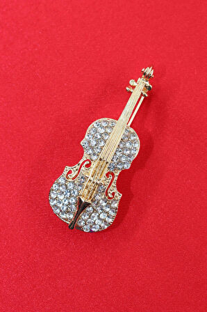 Gold zirkon taşlı keman broş. Yaka iğnesi keman broş. Kadın broş, erkek broş. Keman broş.