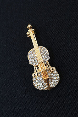 Gold zirkon taşlı keman broş. Yaka iğnesi keman broş. Kadın broş, erkek broş. Keman broş.