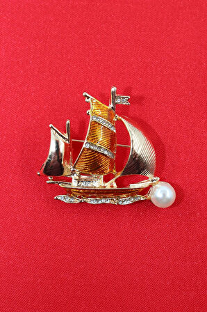 İncili zirkon taşlı gemi broş. Yaka iğnesi incili gemi broş. Erkek broş kadın broş. Gemi broş.
