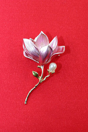 İncili manolya broş. Yaka iğnesi manolya broş. Tasarım manolya broş. Kadın broş. Manolya broş.