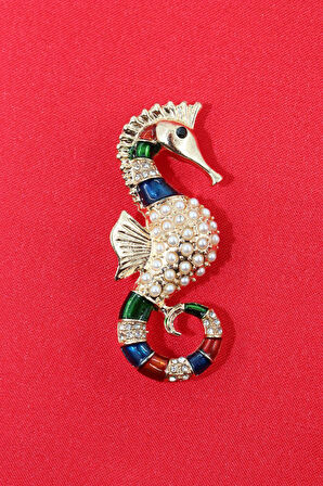 Gold zirkon taşlı denizatı broş. Yaka iğnesi denizatı broş. Kadın broş, erkek broş. Denizatı broş.