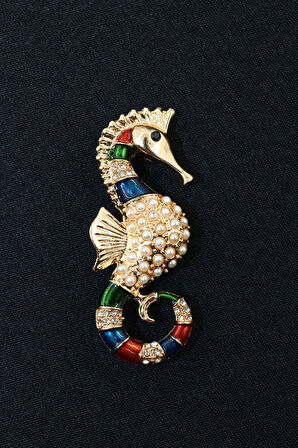 Gold zirkon taşlı denizatı broş. Yaka iğnesi denizatı broş. Kadın broş, erkek broş. Denizatı broş.