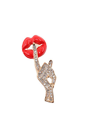 Gold zirkon sessiz ol broş. Yaka iğnesi sus broş. Taşlı tasarım dudak broş. Kadın broş. Dudak broş.