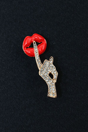 Gold zirkon sessiz ol broş. Yaka iğnesi sus broş. Taşlı tasarım dudak broş. Kadın broş. Dudak broş.