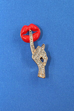 Gold zirkon sessiz ol broş. Yaka iğnesi sus broş. Taşlı tasarım dudak broş. Kadın broş. Dudak broş.