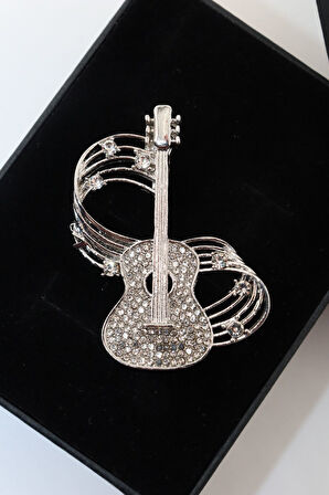 Zirkon taşlı melodili gitar broş. Yaka iğnesi gitar broş. Erkek broş. Kadın broş. Gitar broş.